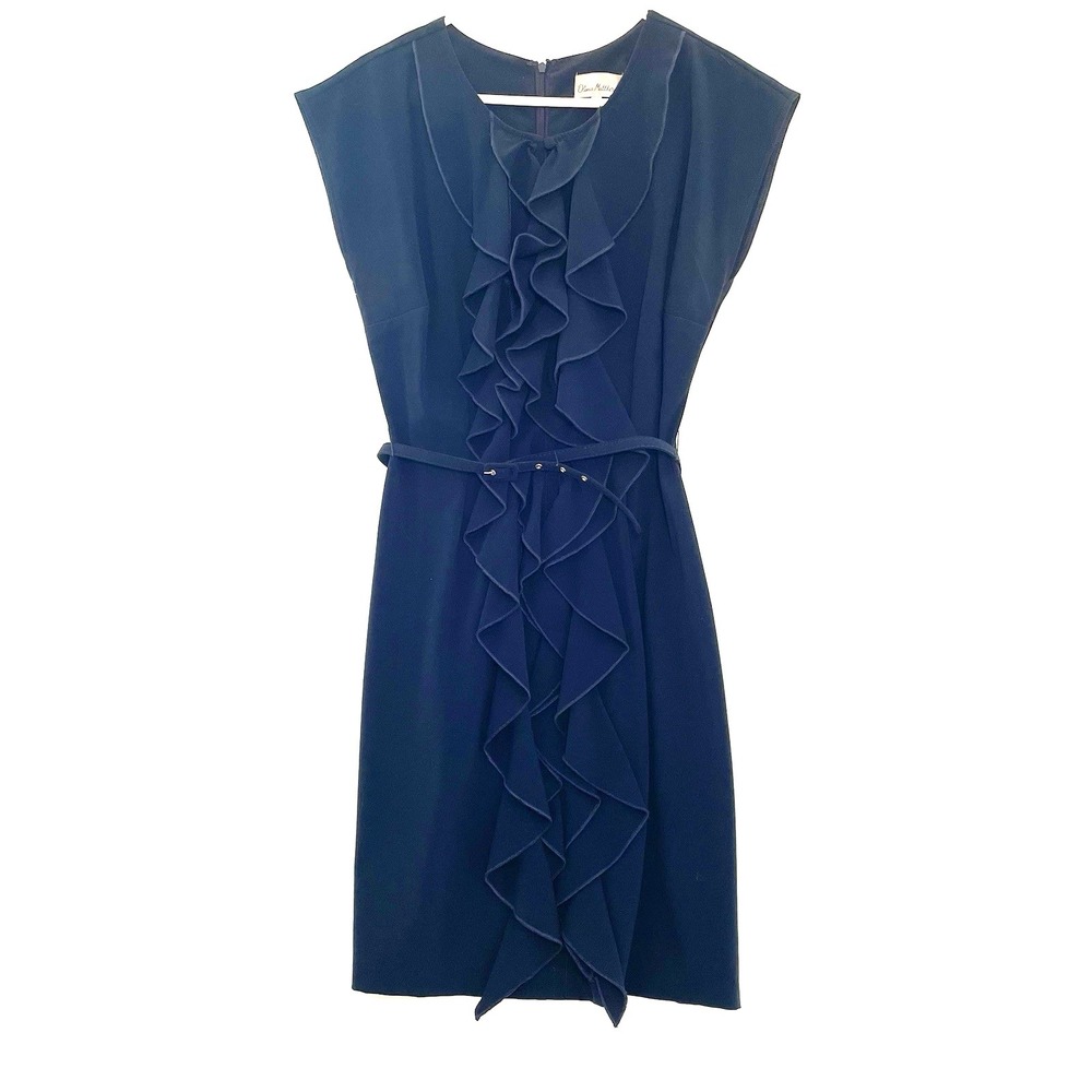 Olivia Matthews Ruffled Sheath Dress Blue 12 Cap Sleeve Knee Length Belted